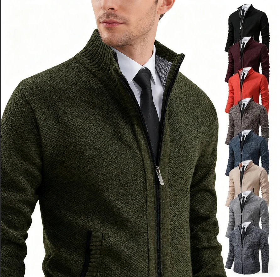 

Осень и зима, новый трикотаж, мужское повседневное спортивное пальто, однотонный свитер с воротником-стойкой, флисовый теплый кардиган на молнии
