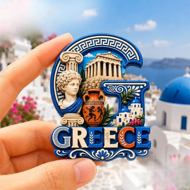 Greece Blue Dome Acropolis Fridge Magnet - Picturesque 3D Mediterranean Souvenir Unique European Gift for Travel & Coastal Decor