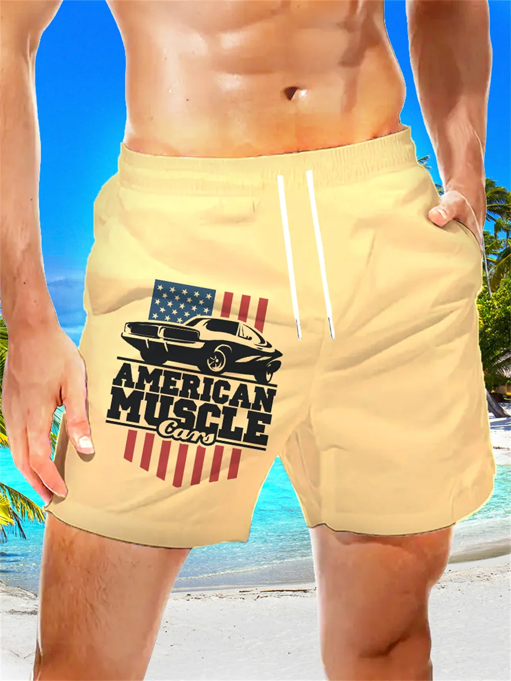 

2025 new American 3D printed car letter printed men's beach pants pull rope casual fashion