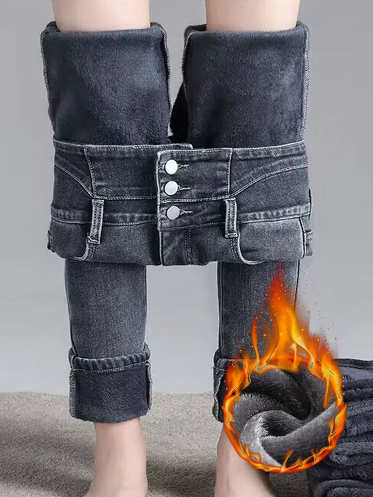 Imagem -03 - Jeans Lápis Azul Magro Feminino Cintura Alta Mais Veludo Calça Jeans Grossa Calças de Botão Quente Moda Coreana Inverno