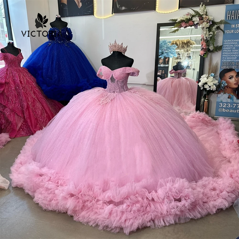 

Lovely Pink Ball Gown Quinceanera Dresses Beaded Lace Applique Off The Shoulder Tulle Ruched Train vestidos de 15 Customized