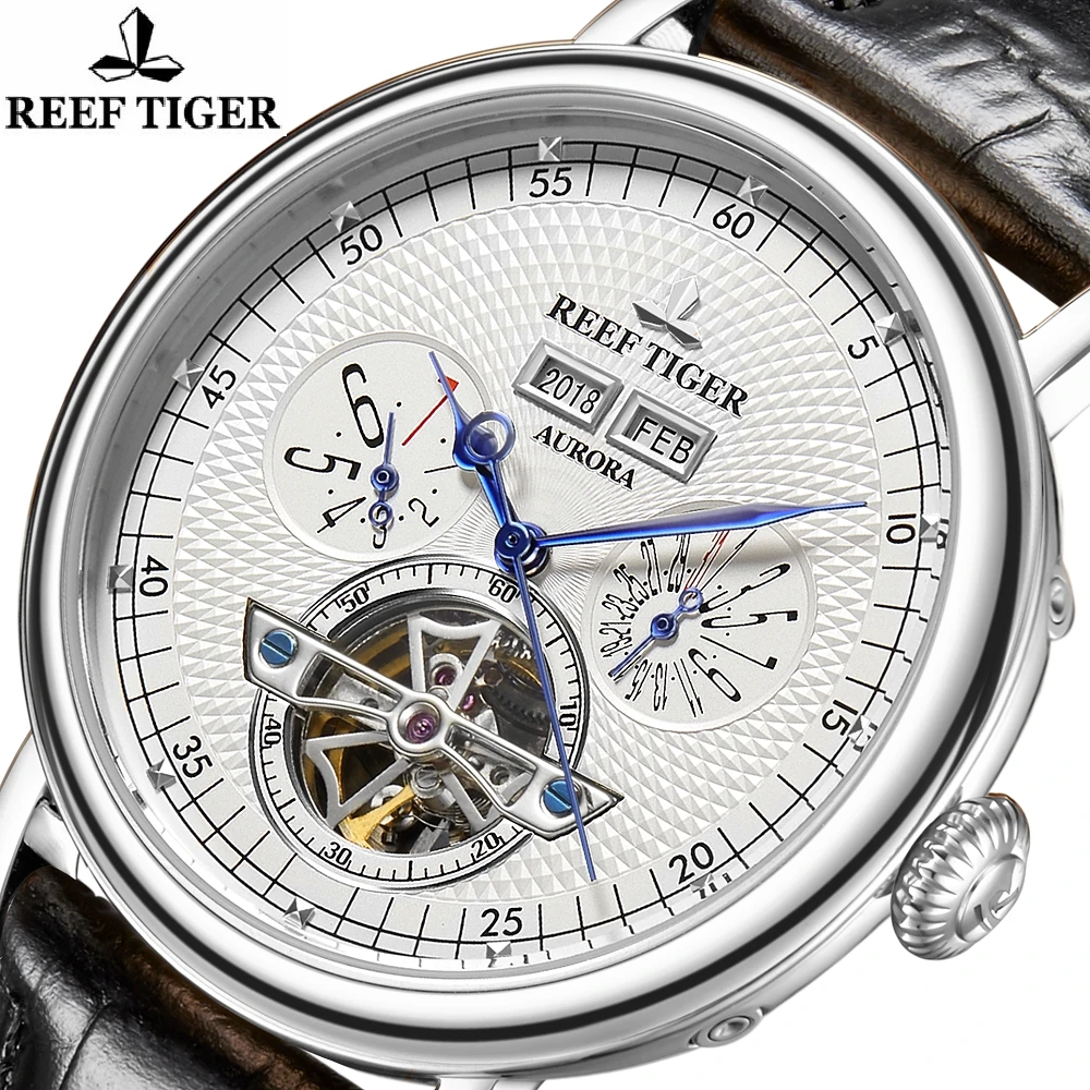 

Reef Tiger Tourbillon For Men Watch Automatic Skeleton Mechanical Business Wristwatch Calendar Sappire Crystal Relogio Masculino