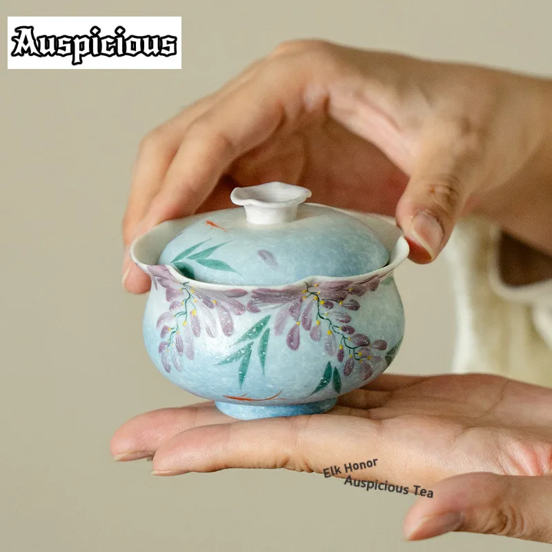 90ml Hand Painted Wisteria Starry Sky Blue Gaiwan Antique Tea Tureen Tea Bowl With Lid Kit Tea Making Cover Bowl Tea Set Craft