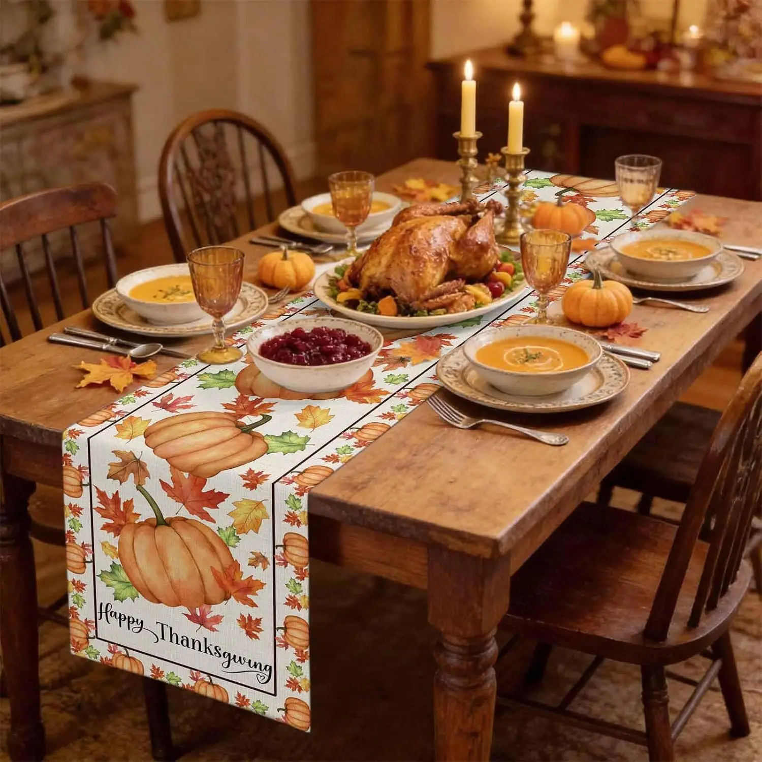 Fall Harvest Pumpkins Maple Leaf Linen Table Runner Holiday Party Decor Reusable Kitchen Dining Table Runner Autumn Decorations