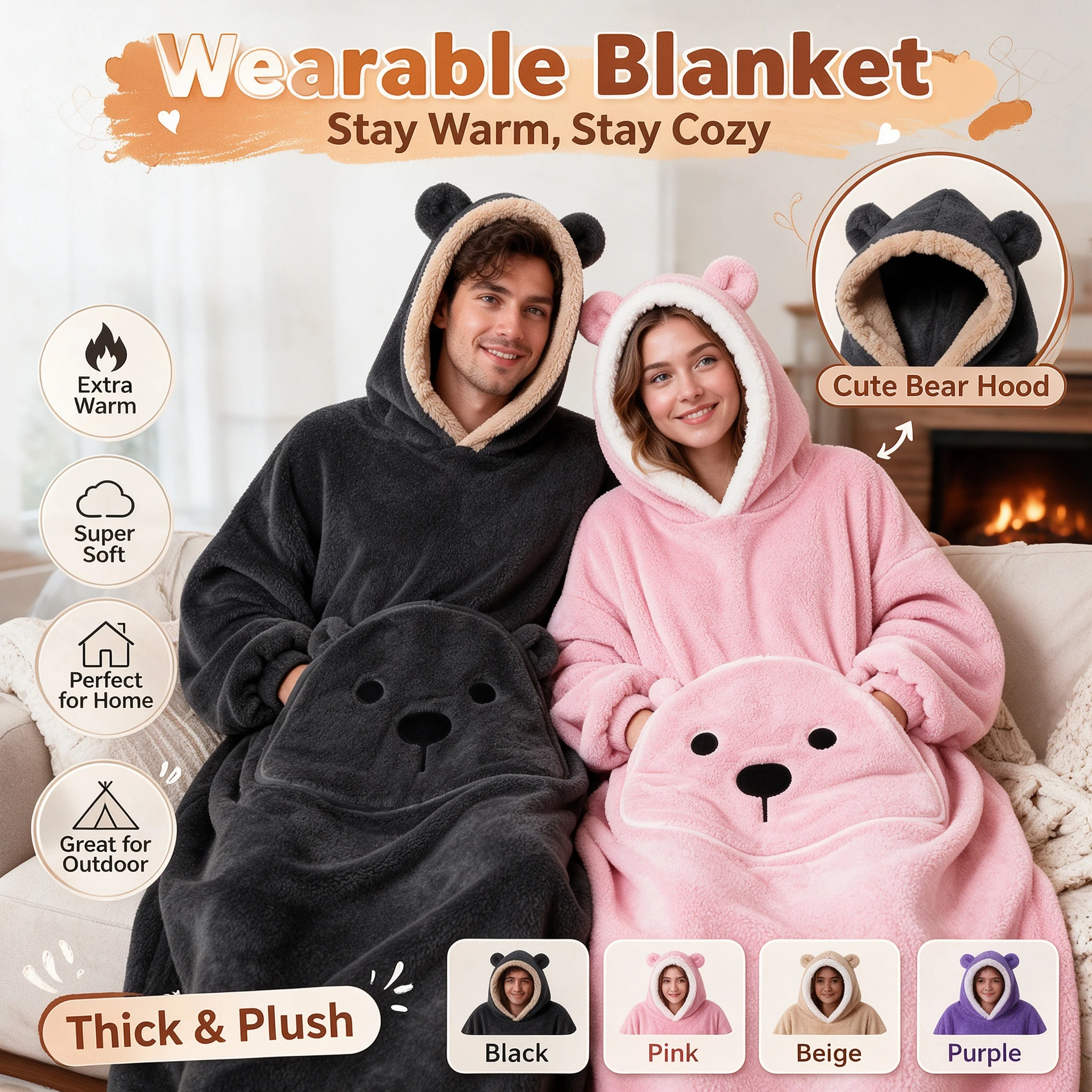 Lazy Blanket TV Blanket Outdoor Hooded Solid Color Long Sleeve Thickened Couple Bear for Men and Women Set