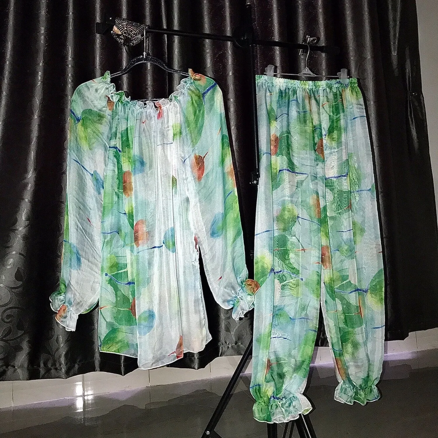 

Glossy Mesh Voile See Through 2 Pieces Set Long Sleeve Top Sleeping Pants Bottoms