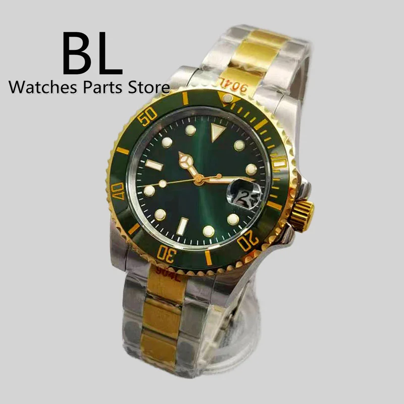 BLIGER 40mm Two-tone Gold Men Watch NH35A Automatic Mechanical Watch Sapphire Glass Full Green Dial GreenBezel Relogio Masculino