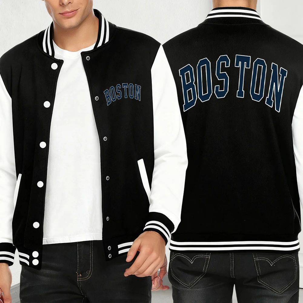 

Boston Letter Logo Print Autumn Men Clothes Personality Streetwear Pocket Fleece Multicolor Baseball Jersey Fashion Hip Hop Coat