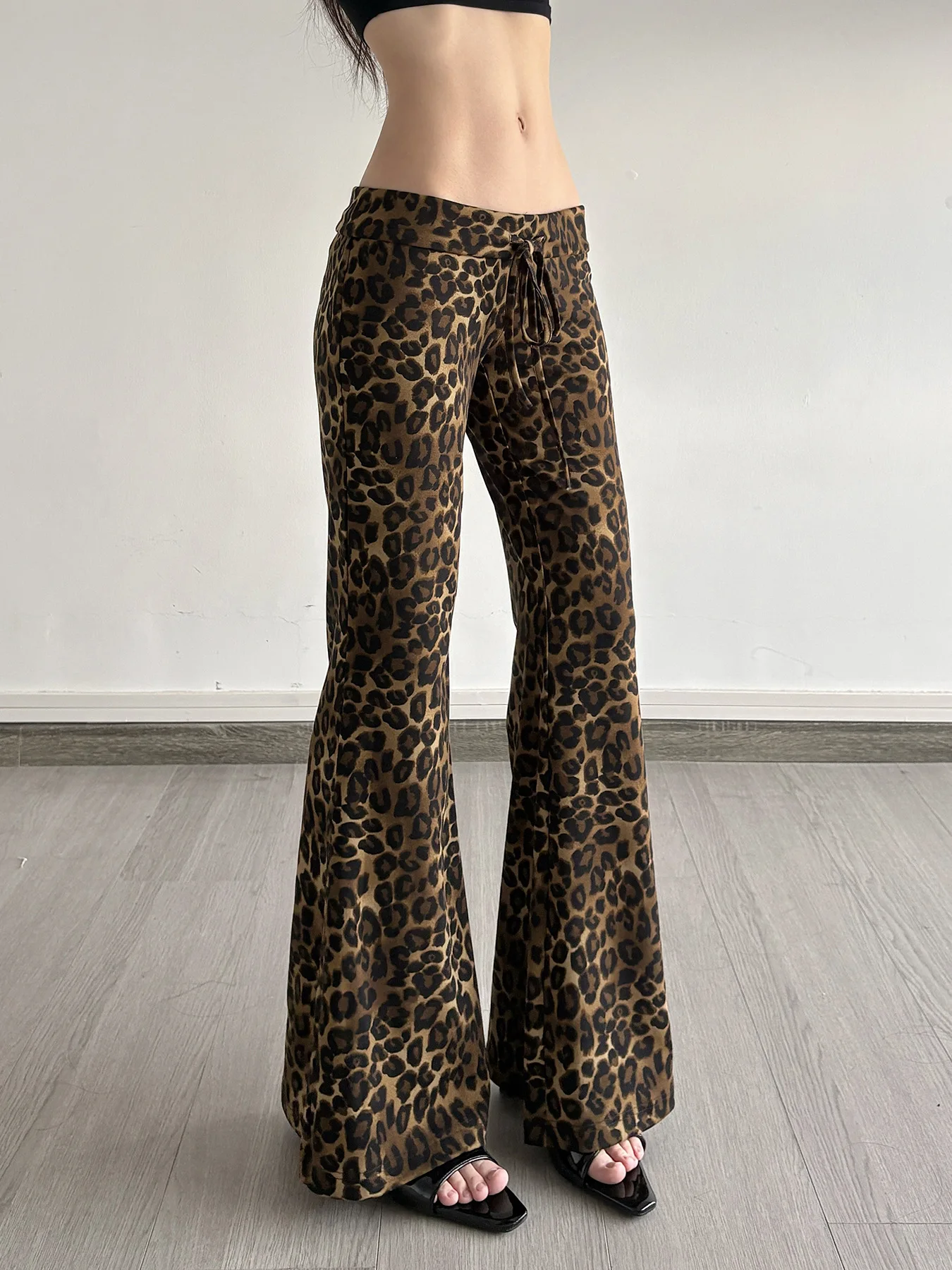 Vintage Leopard Print Micro Flare Pants Streetwear Casual Wide Leg Trousers