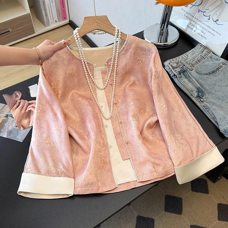 Classical Chinese Style Silk Outerwear round Neck Embroidered Button Lady Elegant Coat Vintage Strap Two Piece Set