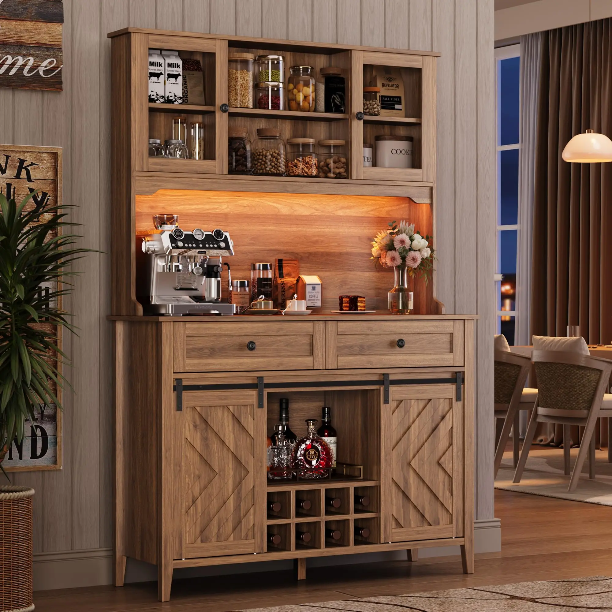 

Rustic 72-Inch Farmhouse Bar Cabinet With Sliding Barn Doors, LED-Lit Hutch, Two Drawers, Wine Rack And Storage Shelves