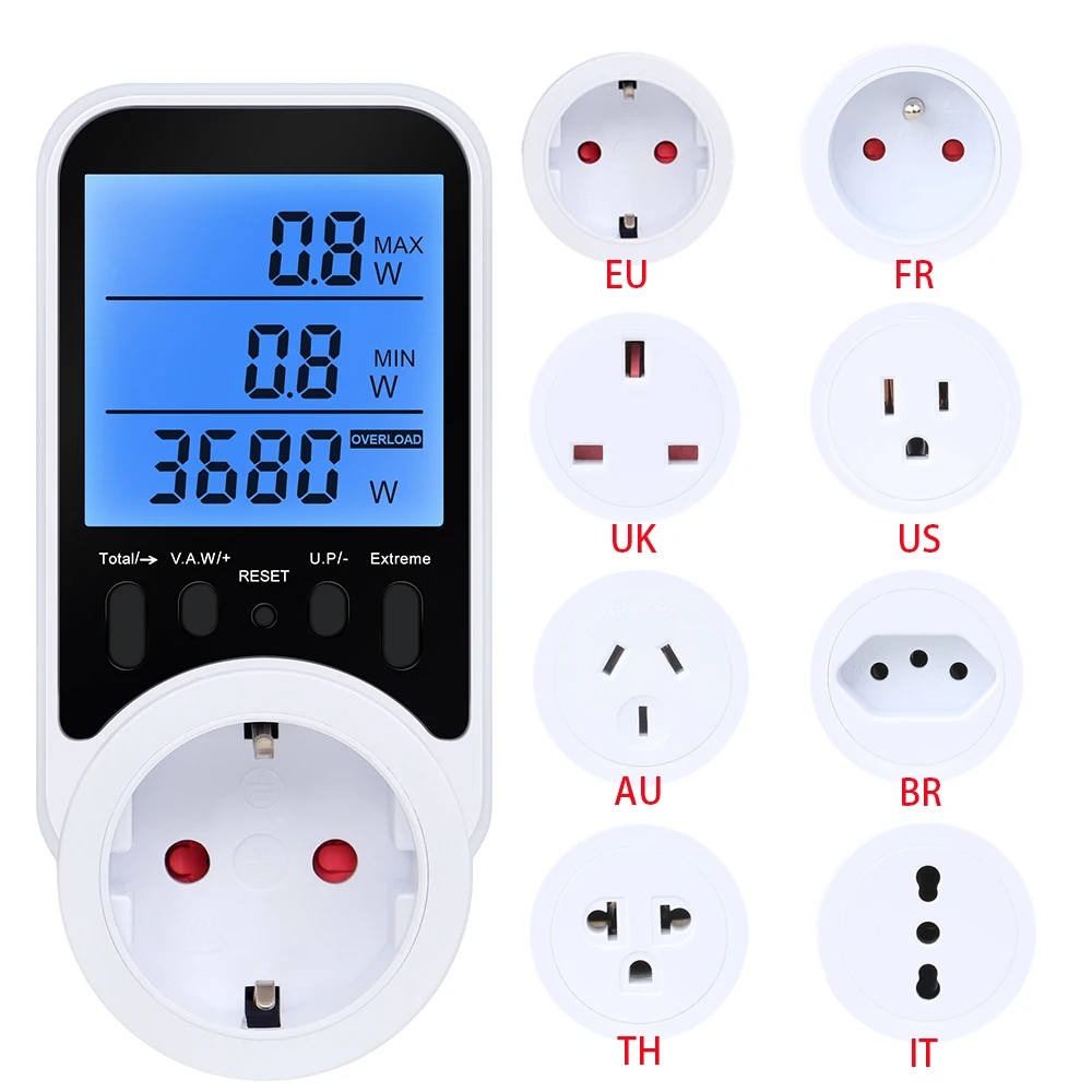 AC Power Meter Socket LCD Display Wattmeter Energy Tester KWH Electricy Consumption Metering Current Voltage Power Monitor