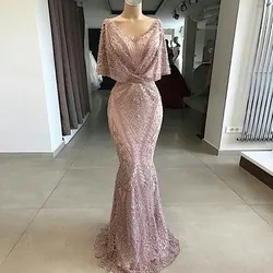 Vintage Lace Pink Evening Dress Women's V-neck Cap Shoulder Sleeves Prom Gonws Floor Length Formal Gala Robe  Party Dress 2024