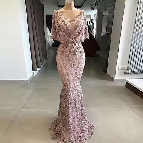 Vintage Lace Pink Evening Dress Women's V-neck Cap Shoulder Sleeves Prom Gonws Floor Length Formal Gala Robe Party Dress 2024