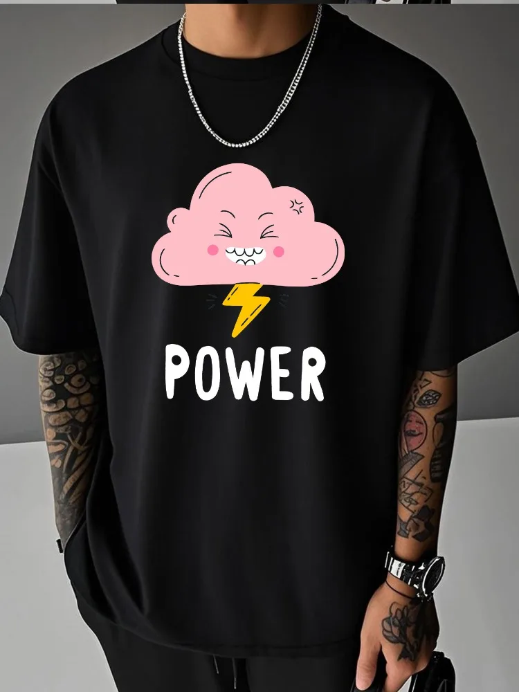 Men Summer Casual T Shirt Cute Pink Cloud Lightning Power Graphic Oversized Tees Loose Short Sleeve Tops Street Daily Wear