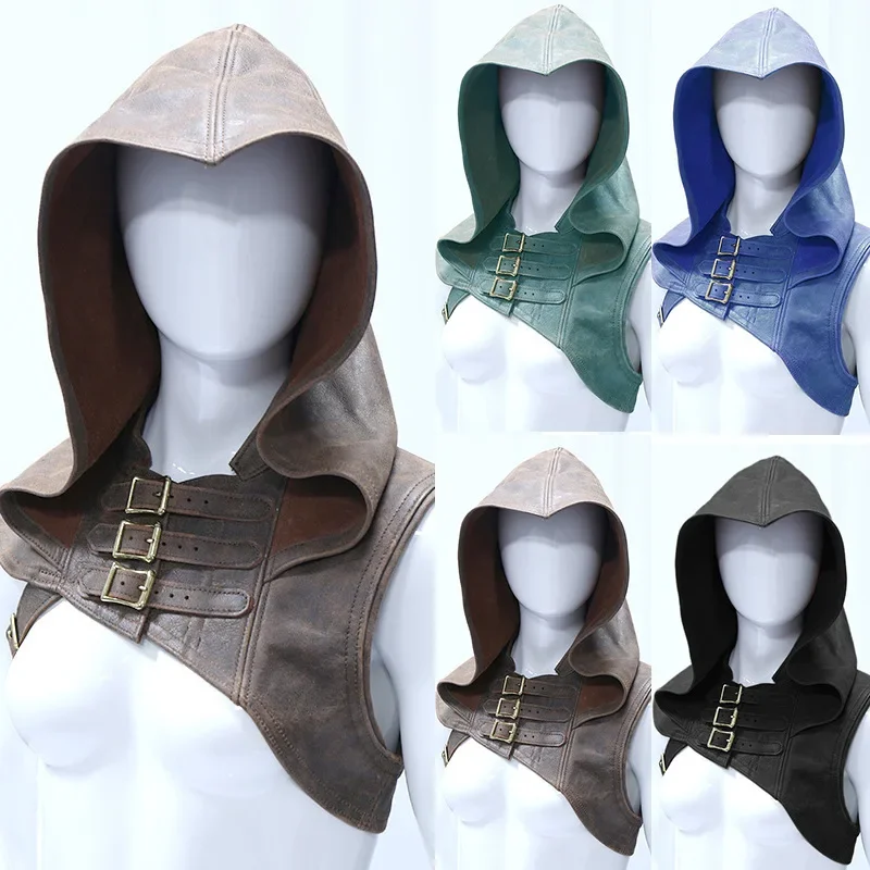 Medieval Hooded Capelet Mantle Halloween Costume Cosplay Costume Retro Buckle Shoulder Pads Solid Color Outdoor Hood Cowl Hat