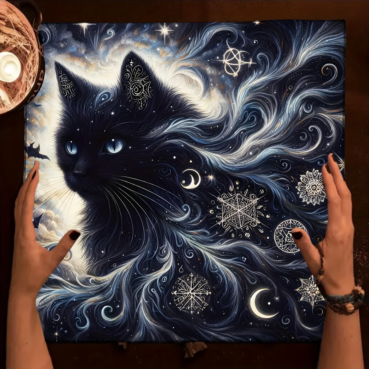 1pc A Mysterious Gothic Black Cat Tarot Tablecloth, Celestial Starry Sky Cat Altar Cloth, Tarot Divination Mat, Home Decoration