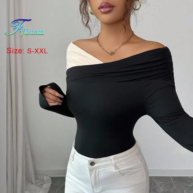Prosta damska odzież z odkrytymi ramionami, nieregularny dekolt, długi rękaw, dopasowana koszulka, blokowanie kolorów, seksowne obcisłe bluzki damskie, łączona od wewnątrz.