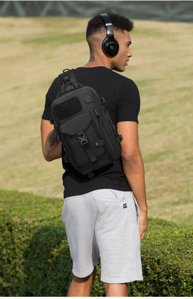 OZUKO Umhängetasche für Herren, Brusttasche, wasserdicht, taktische Taille, Umhängetasche, Reißverschluss, modisch, Outdoor-Sport, großes Fassungsvermögen, Schwarz – Detail 5