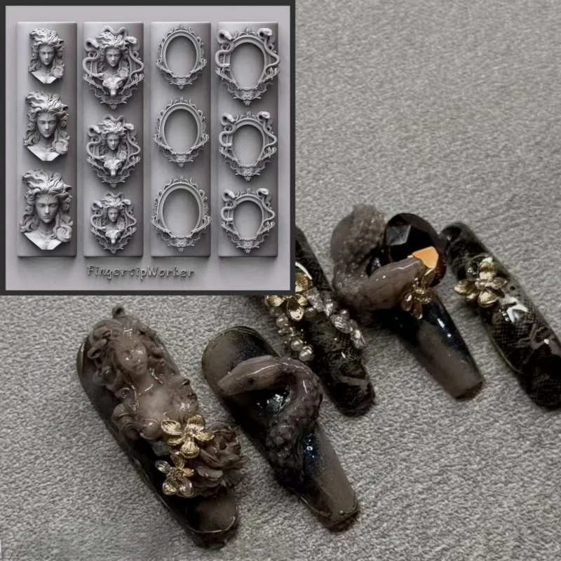 

1 Pc Silicone Nail Mold Medusa 3D Snake Head Photo Frame Nail Decoration DIY Artistic Creative Dark Style Nail Art Mold