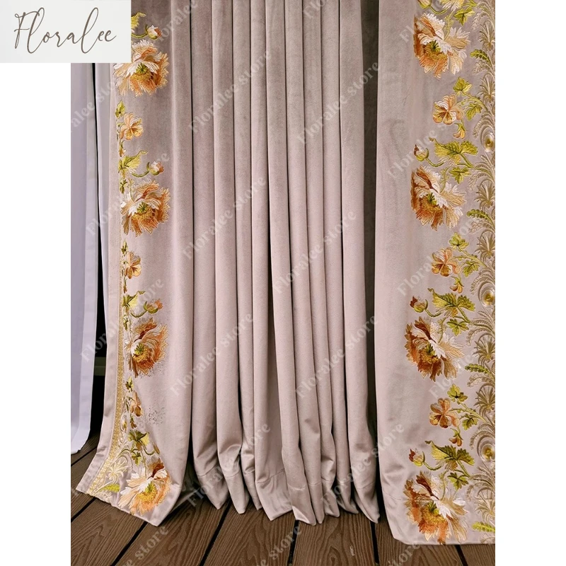 Light Luxury Velvet Embroidered Curtains for Living Room Bedroom American Gray Blackout Curtains High-end Customization