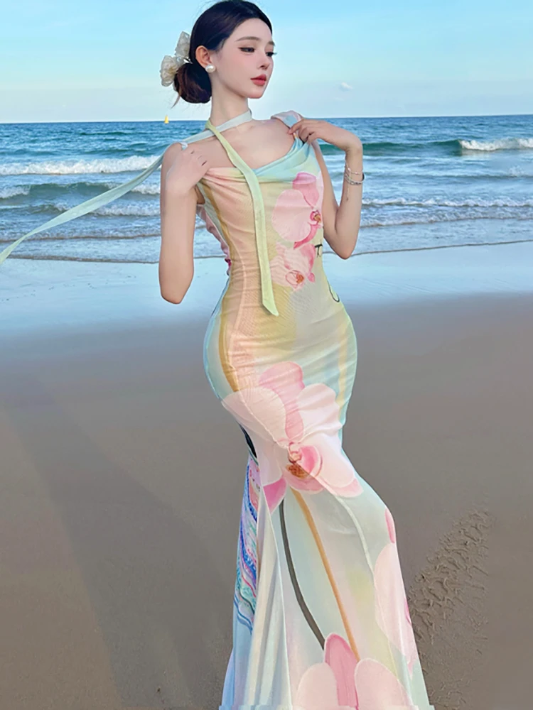 Summer Floral Chic Swinging Collar Sexy Sling Dress Women Boho Elegant Casual Holiday Dress 2025 Korean Bodycon Festival Dresses