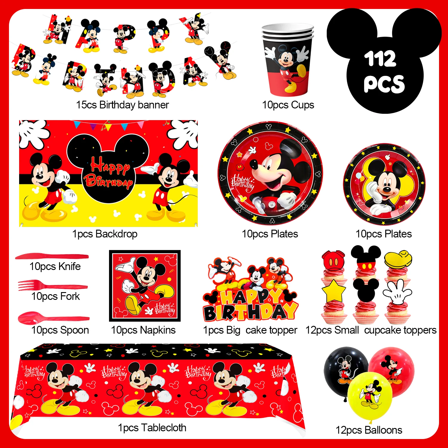 Mickey Mouse Birthday Party Supplies,112pcs Birthday Decorations&Mickey Mouse Party Tableware Set- Birthday Plates Tablecloth