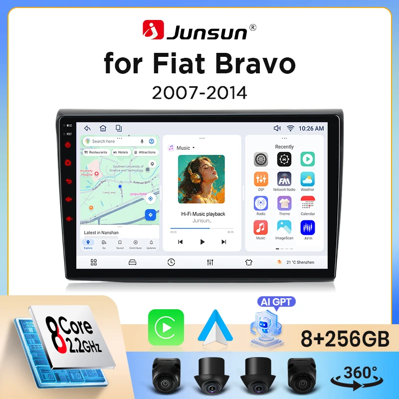 Image of Junsun Wireless CarPlay Android Auto Autoradio für Fiat Bravo (Typ 198) 2007-2014 mit integriertem Lüfter, Android GPS-Navigation, Multimedia-Player, WiFi, DSP, RDS, BT, SWC, IPS-Touchscreen,