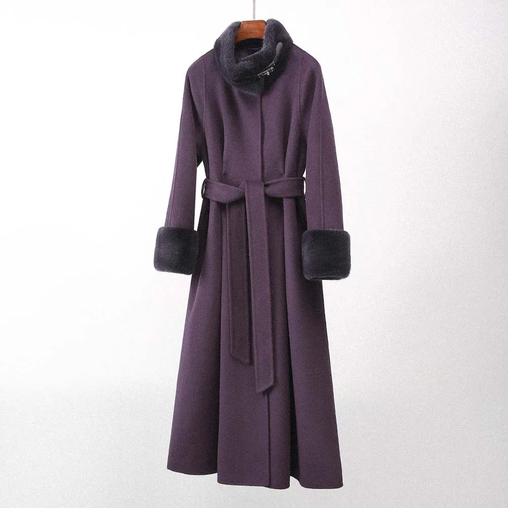 

2025 Autumn And Winter Office Lady Woolen Jackets Mink Fur Collar Lace-Up Loose Long Women's 100% Wool Coats