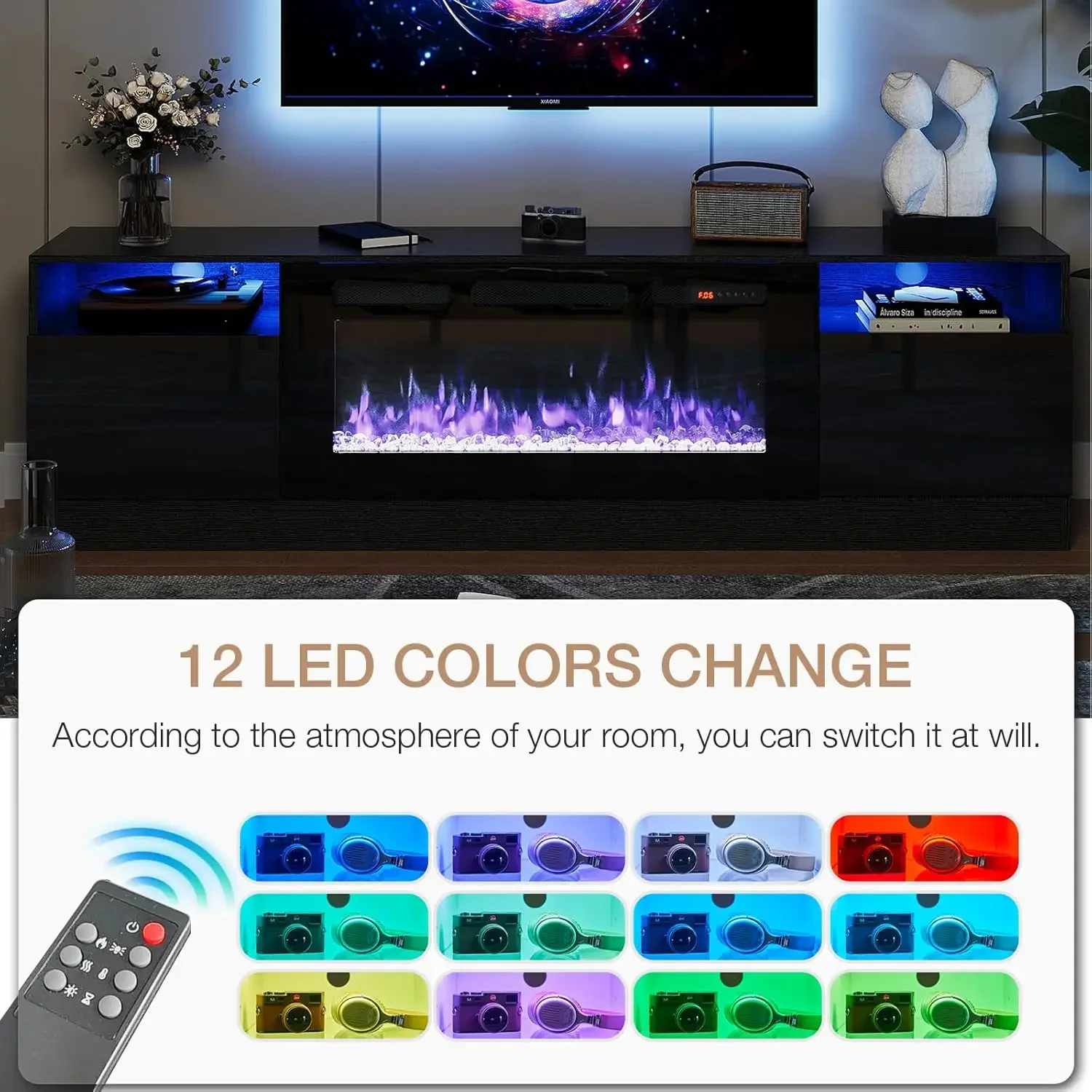 Suporte de TV com lareira com lareira elétrica de 36", centro de entretenimento com luz LED, suporte de entretenimento moderno com textura de madeira