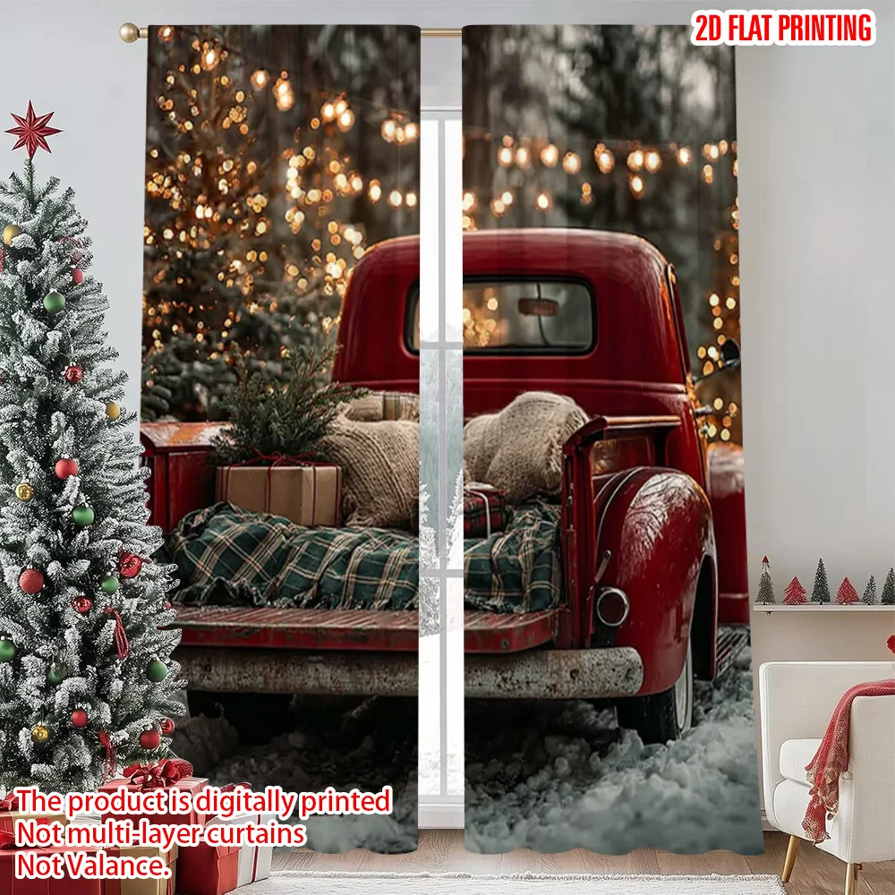 

2pcs 2D flat printing Merry Christmas Popular Window Curtains red pickup gift Polyester Without Electricity Spring Party &