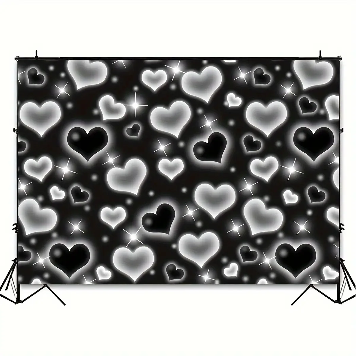 Black And White Glowing Hearts Pattern Y2K Aesthetic Valentine Day Tapestry Romantic Love Wall Art Bedroom Decor Emo Goth Print view 2