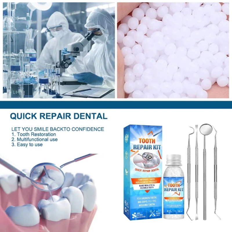 Teeth Repair Temporary Teeth Replacement Moldable False Teeth,with Mouth Mirror, Mouth Tweezer,Dental Probe