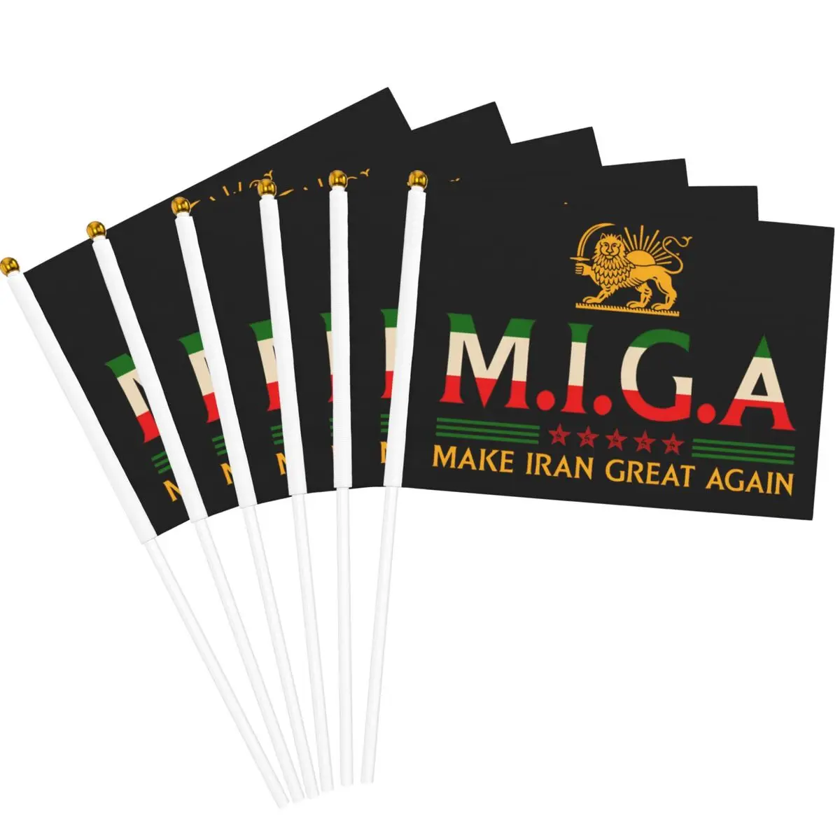 10 Pack Iranian Make Iran Great Again Emblem Of Iran MIGA Handheld Flags 5.5x8.3 Inch Golden Spear Top Stick Flags