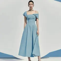 High Quality Runway Autumn Blue Party Dress Elegant Women Asymmetry Diagonal Collar Short Sleeve Female Slim Waist Long Vestidos