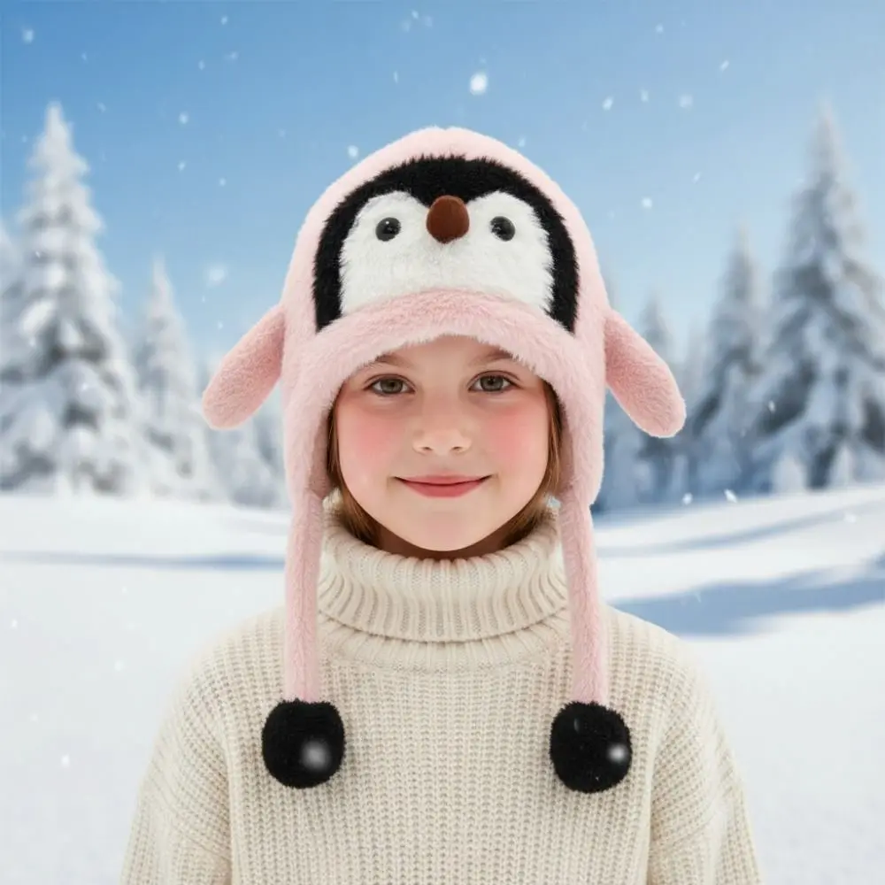 

Cute Children's Warm Hat Windproof Thickened Warmth Penguin Hat Pom Pom Ends Breathable Cartoon Penguin Balaclava Hat
