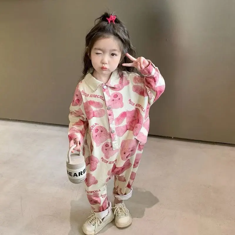 Girls Jumpsuit Spring Autumn Cartoon Romper Casual Long Pants Toddler Baby Girl Fashion Trousers Kids Clothing
