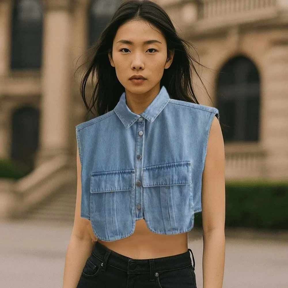 

Polo Collar Cropped Denim Shirts with Large Pocket Sleeveless Female Short Blouses Solid Color Patchwork Commuting Tops