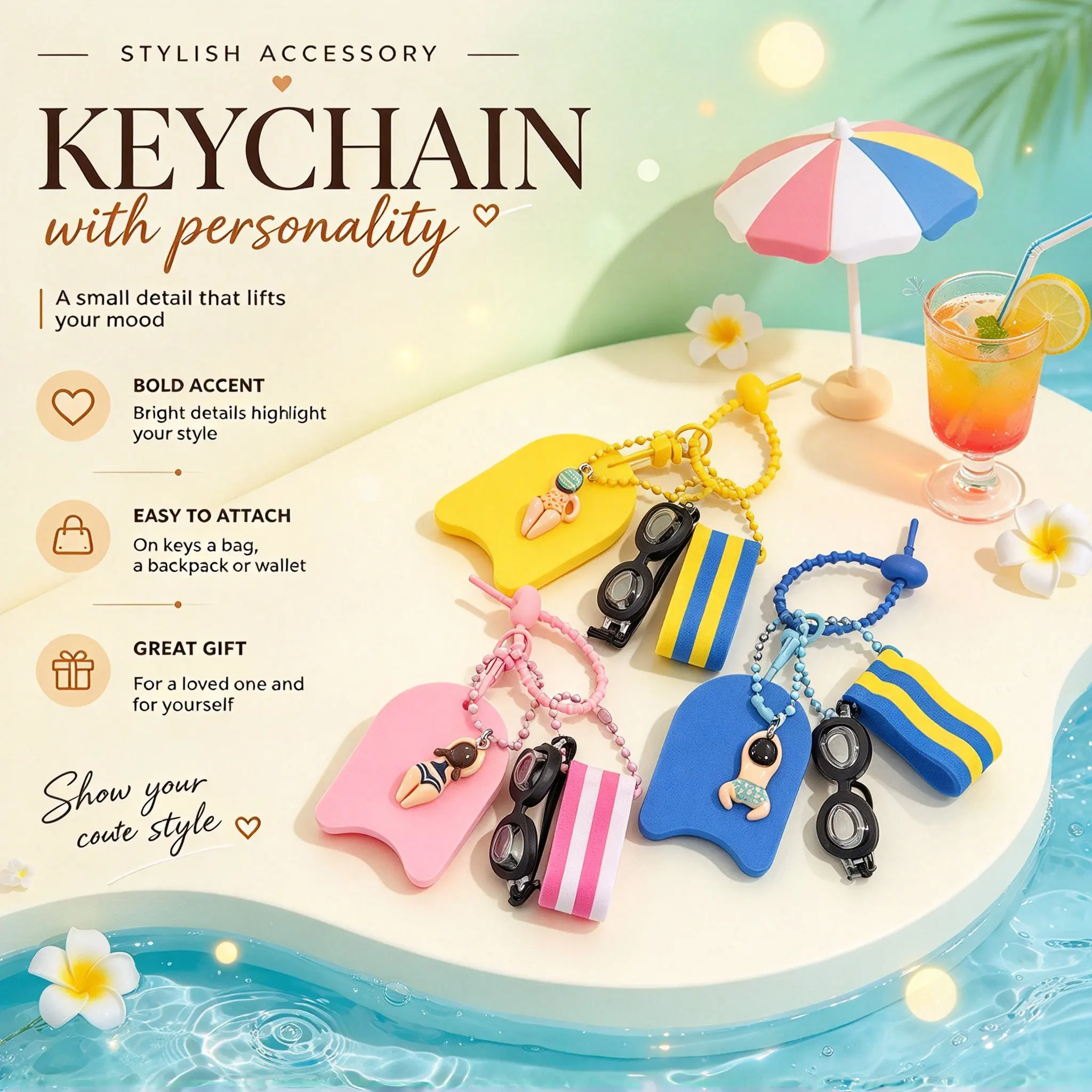 1/3Pcs Cartoon Girl Boy Floating Keychain Swim Pool Float Board Buoyant Anti-sink Keyring Charm Holder Christmas New Year Gift