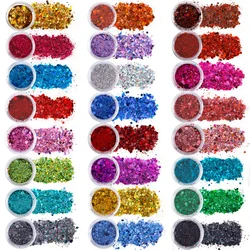 24 Colors/set Holographic Chunky Glitter Nail Powder Laser Flakes Chunky Hexagon Pet Nail Glitter Sparkly Hexagon Flakes