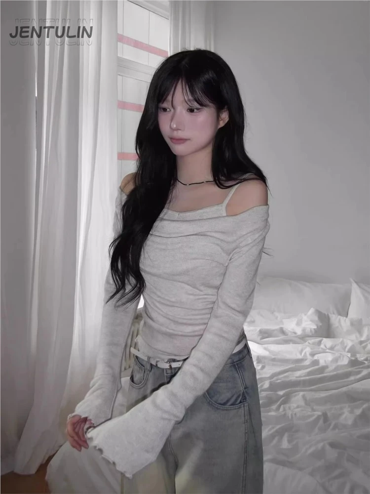 Chic Shoulder Bared Long Sleeve T Shirt Women Elegant Base Shirt Top Gentle Style  Universal Fit Slim Youthful Knitted Hot Girls