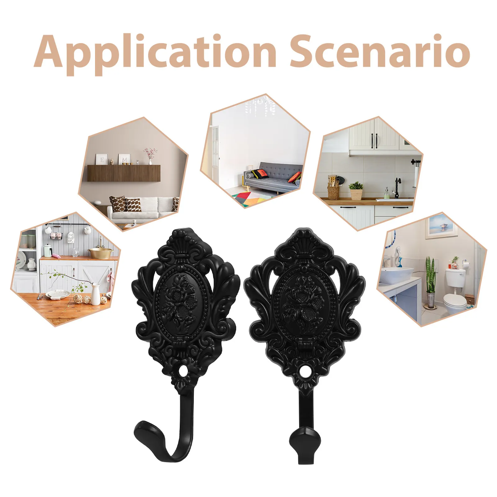 2Pcs Embossed Vintage Black Metal Coat Hooks Wall Mounted Rack for Hats Bags Towels Decorative Organizer Small Coat Rack - view 2