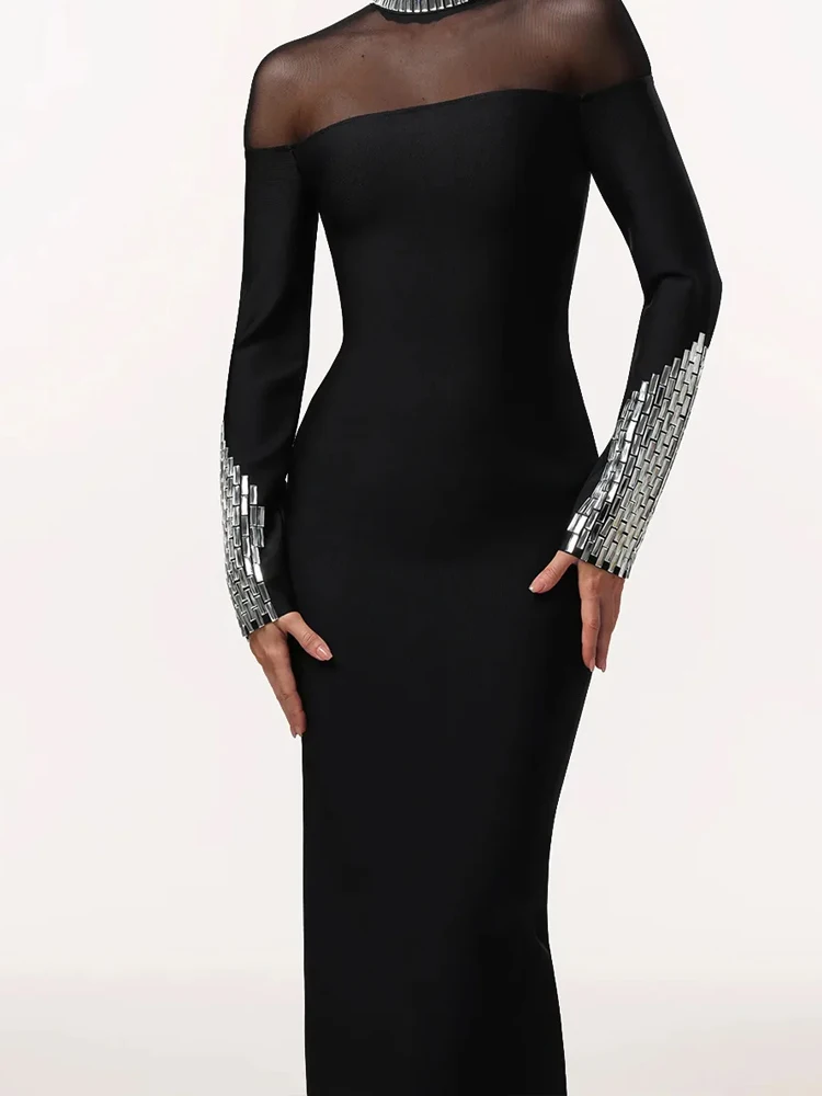 

Женское модное однотонное вечернее платье с высоким воротом, 2025 г., повседневное вечернее платье с длинными рукавами, элегантное тонкое длинное платье с блестками