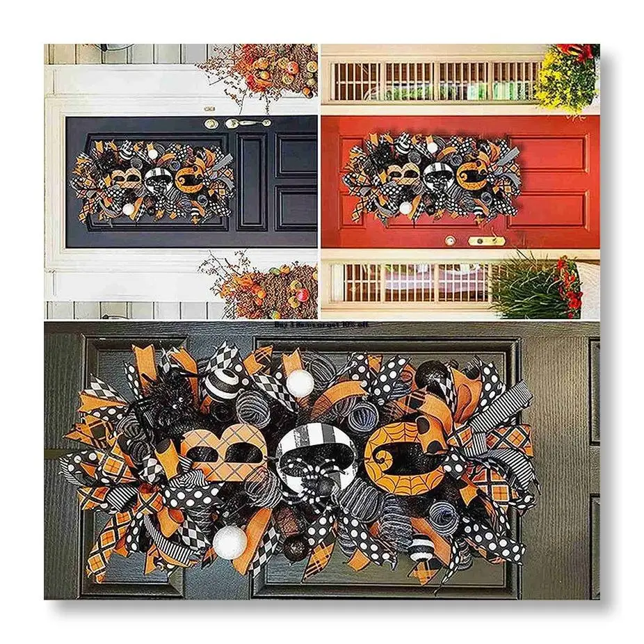 ✼Halloween Swag Wreath Fall Wreath, Halloween Swag Wreath for Front Door, Halloween Spider, Mesh and Ribbons Swag Wreath