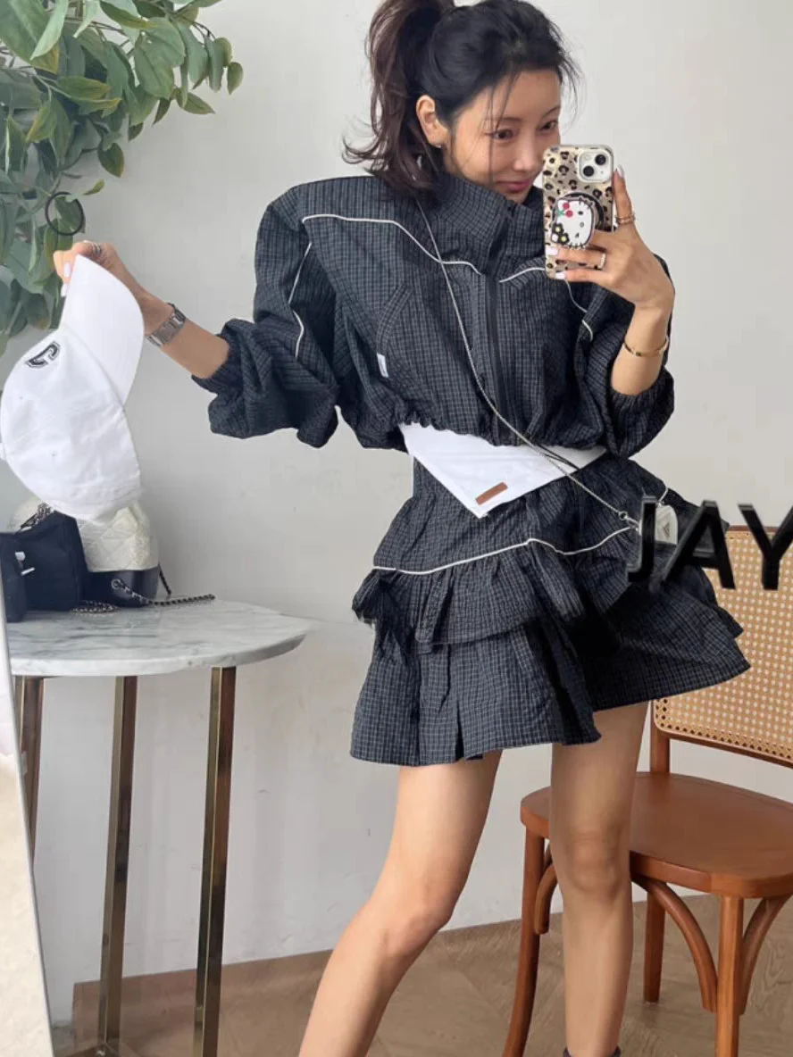 Faionable ort fermeture éclair col montant femmes Jaet et jupe ensemble doux polyvalent gâteau jupe deux pièces ensemble Spor Sle