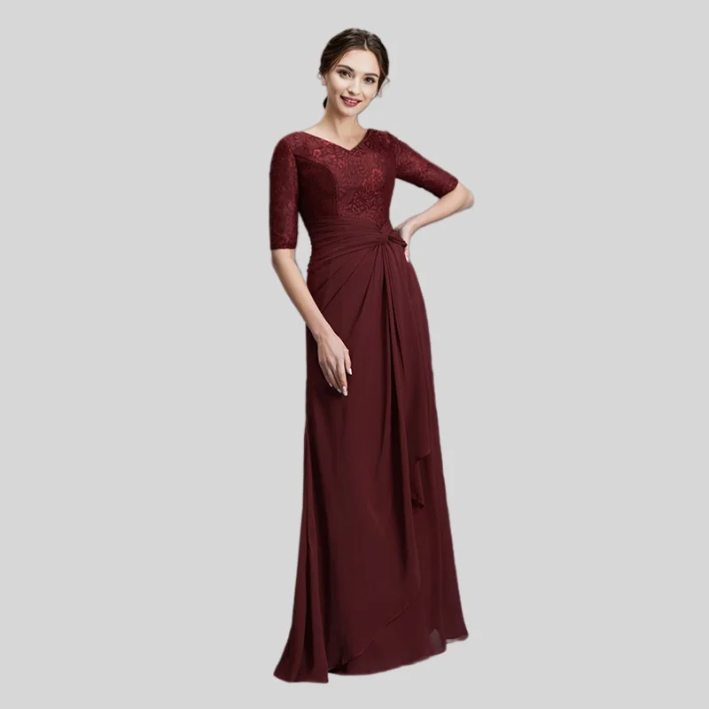 Burgundy Mother Of The Bride Dresses A-line V-neck Half Sleeves Chiffon Lace Plus Size Long Groom Mother Dresses For Wedding