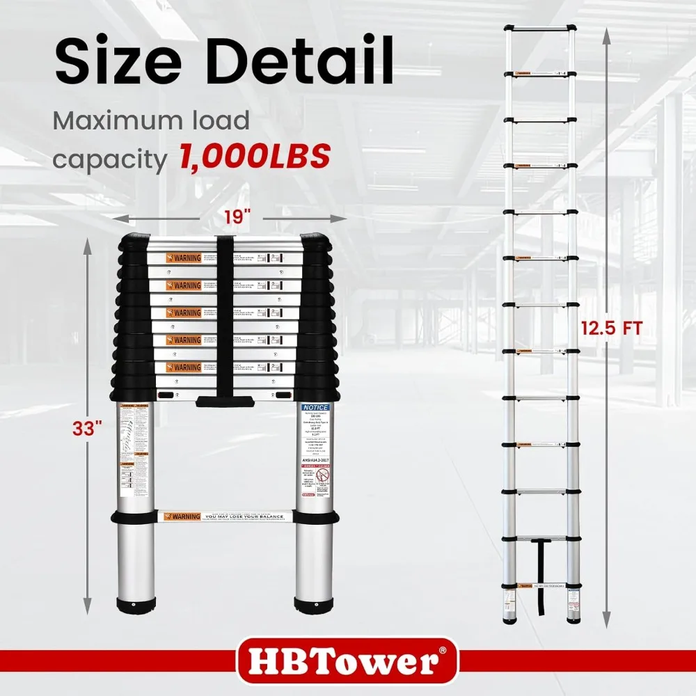 سلم تصغير من الألومنيوم، وصلة 12.5 قدم، سعة تحميل 1000 رطل، سلم متعدد الأغراض قابل للطي للاستخدام عالي التحمل