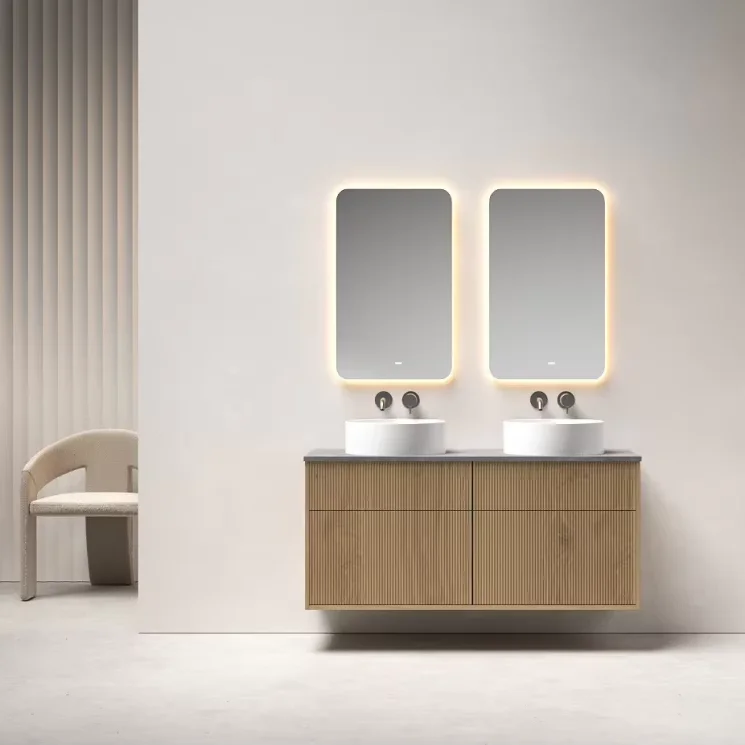 

Modern Wall-mounted Family Solid Wood Bathroom Cabinet Set Sells Luxury Double Sink Storage Vanity With Smart Mirror