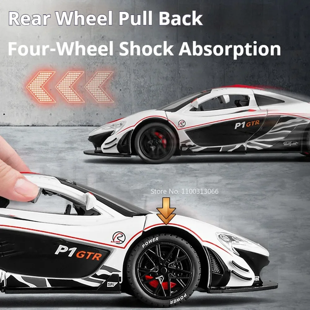 Modèles de voitures Diecasti en alliage P1 GTR, véhicules à tirer avec musique légère, jouets de voiture de sport pour garçons, cadeaux de décoration, 1/22