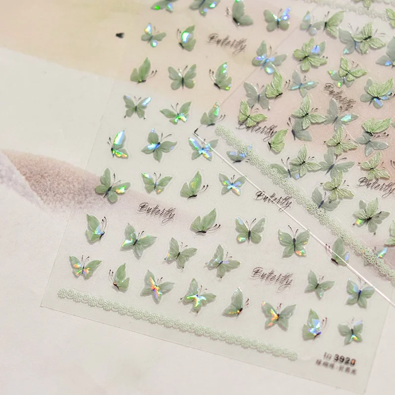1pcs Shiny Shell Light Green Butterfly Nail Art Stickers Kawaii Acrylic Butterfly Self Adhesive Slider For Nails DIY Accessories